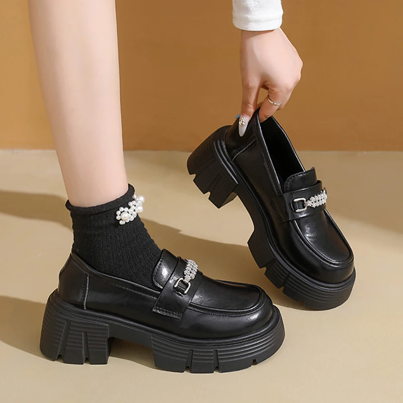 Preppy Style Chunky Platform Women's Loafers Flowers Crystals Thick Heels Pu Leathers Woman Round Toe High Heel Single Shoes