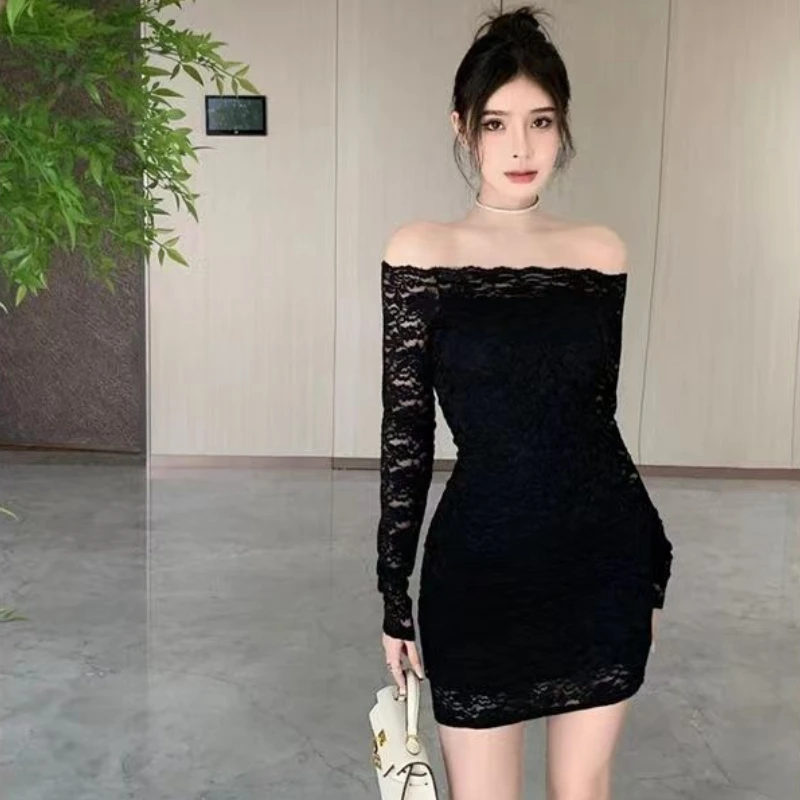 Mini sukienki bodycon z koronką, niebieskie, z jednym ramieniem, luźne, w promocji, tanie, codzienne, retro, grube, damskie sukienki z długim rękawem