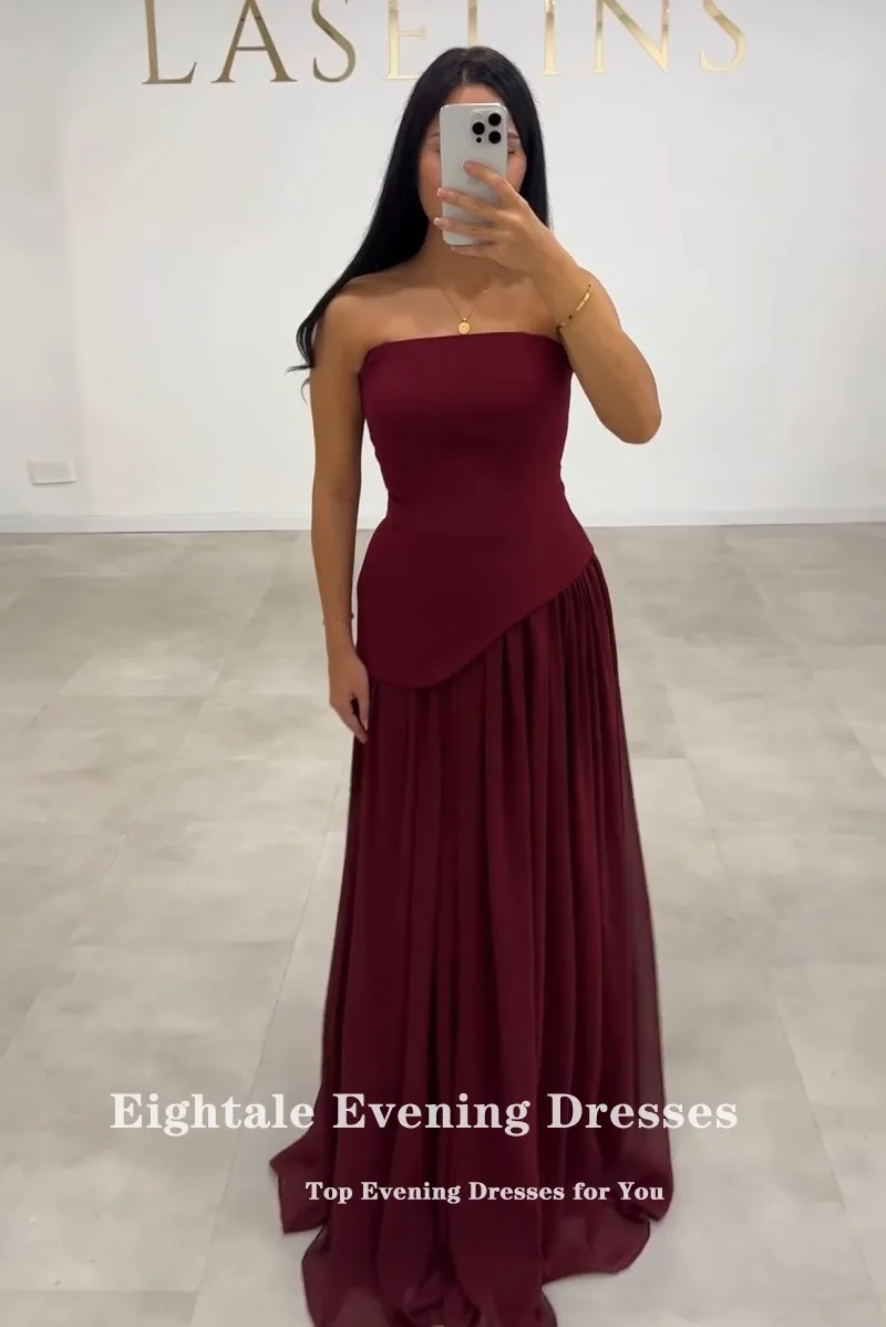 Eightale-vestido de noche árabe sin tirantes, plisado, sin mangas, color Burdeos, vestido de fiesta musulmán personalizado, vestido de fiesta de boda, sirena