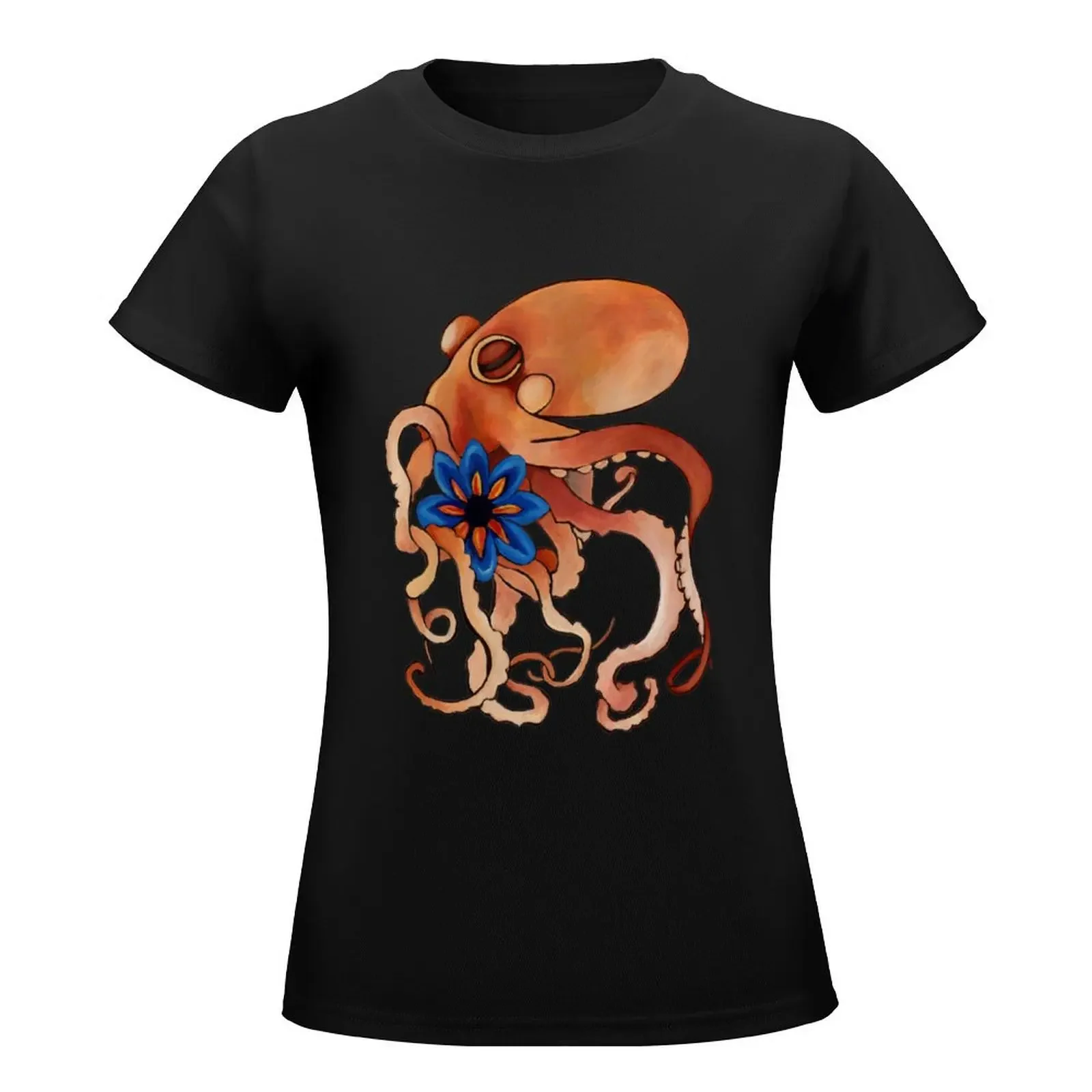 Octopus with blue dahlia T-Shirt animal print shirt for girls graphics Women's cotton t-shirt