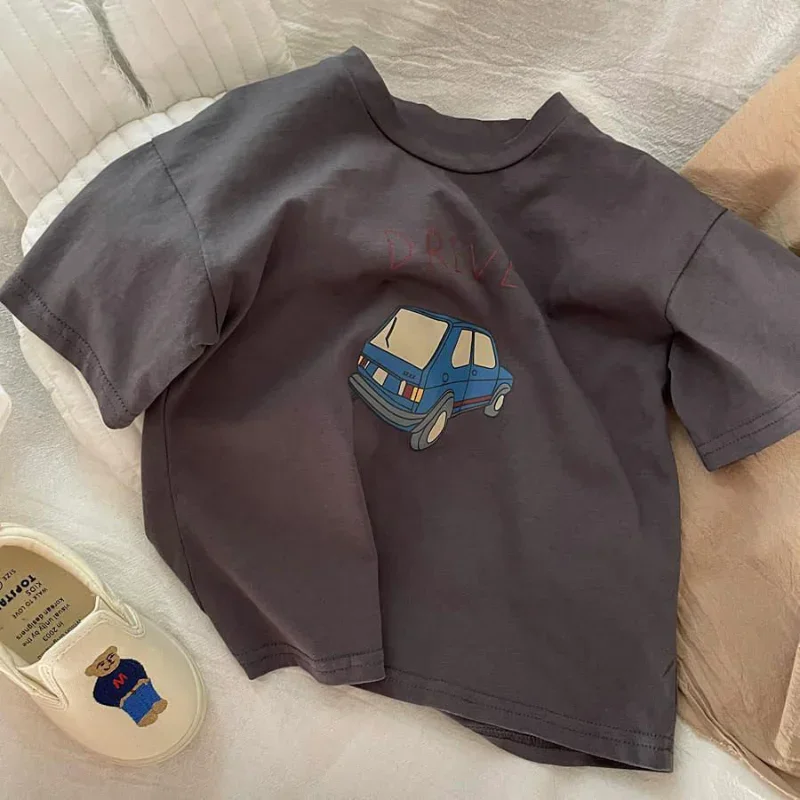 Camiseta de verano para niños y bebés, ropa deportiva informal con dibujos animados de coches, 2023 algodón, Media manga, 100%