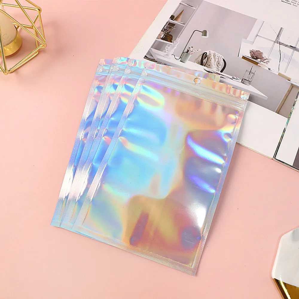 100pcs Laser Aluminum Foil Zip-lock Bags with Clear Front - Holographic Colored Zipper Reseal Pouch for Jewelry and Accessories