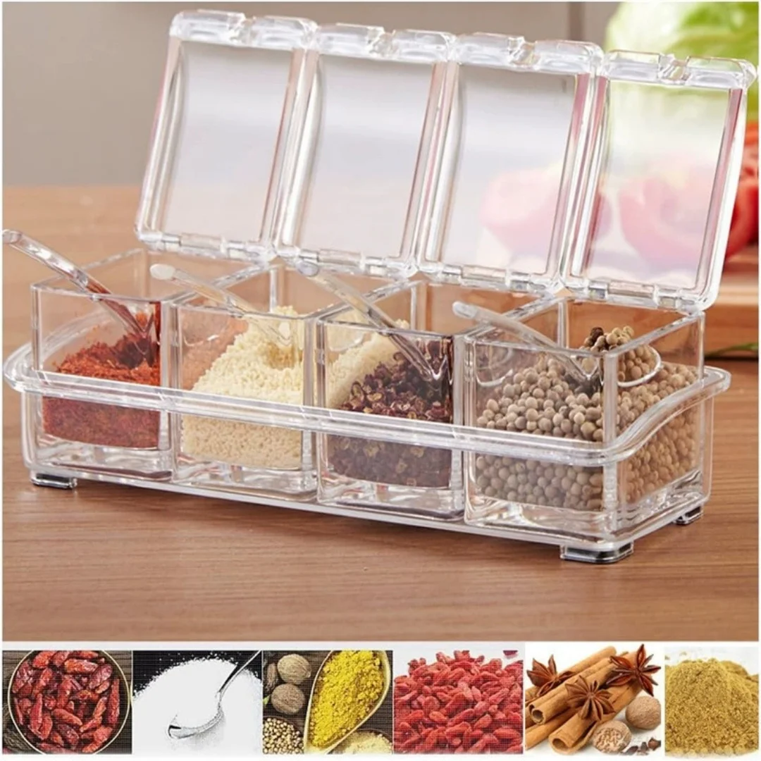 Clear PS Plastic Spice Jar Set 4 Compartments Kitchen Seasoning Holder Box with Spoons Removable Salt Sugar Storage Organizer