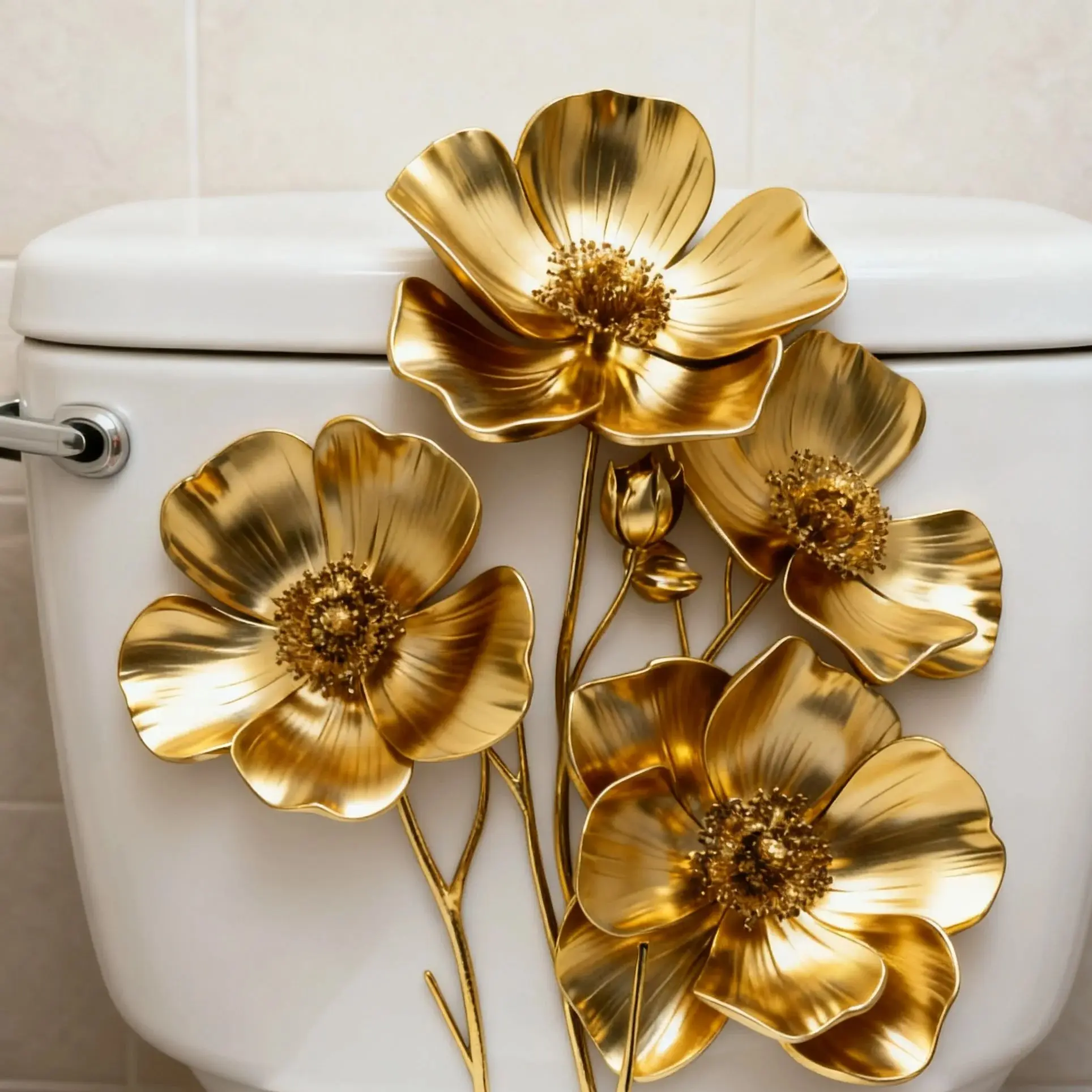 Creative Golden Floral Toilet Decal for Bathroom Washroom Background Decoration Self-Adhesive Removable Peel and Stick