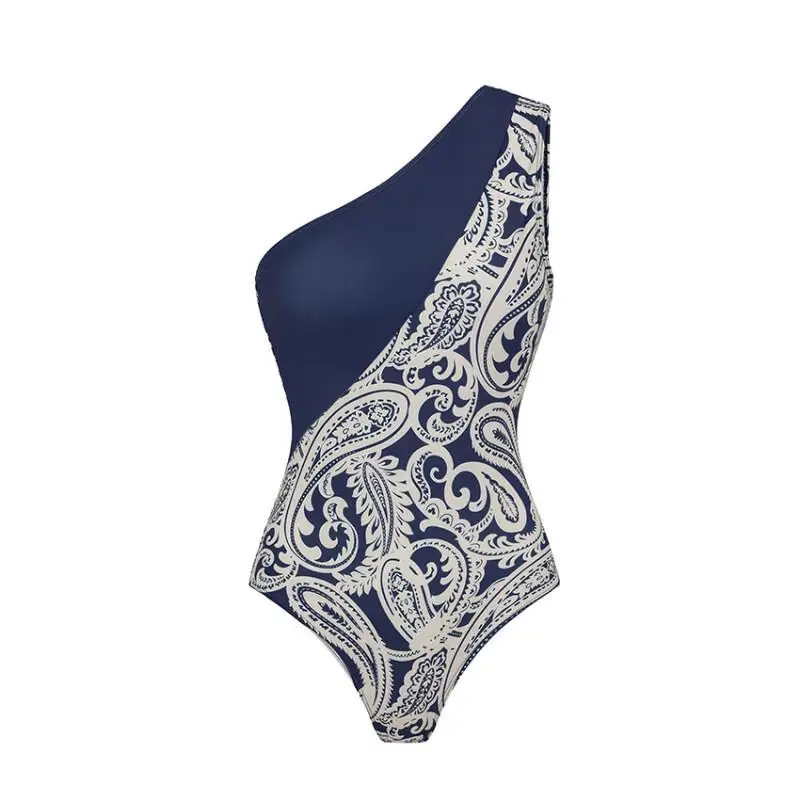 Women Swimsuit Sets Sexy One Shoulder Blue Color Block Paisley Print Swimsuit and Skirt Flaxmaker Bikini Set Biquini conjunto de