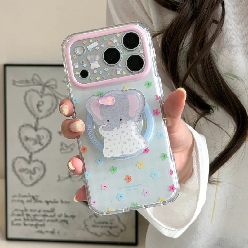 Clear Glitter Little Flower Magnetic Phone Case For iPhone 17 Pro 16 15 Pro Max Cover with Stand For Magsafe Protective Cases Fu
