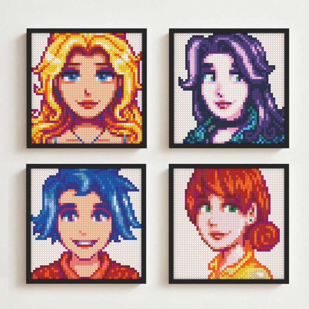 

Набор строительных блоков Stardew Valley: пиксельная мозаика с персонажами, картина, настенный декор для дома и комнаты, подарок (Абигейл, Хейли, Леа, Пенни)