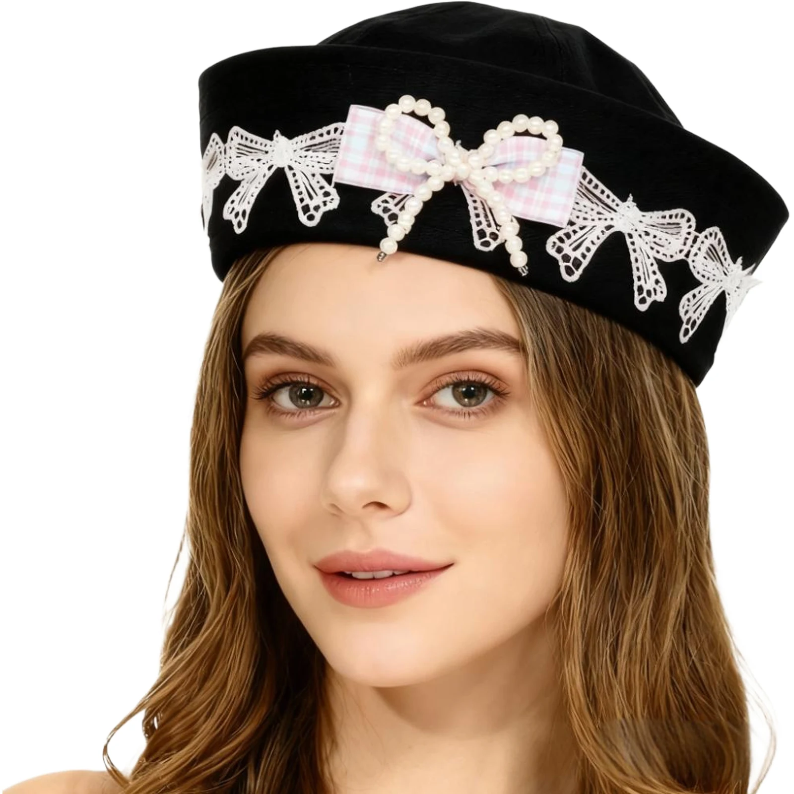 Women French Classic Beret Cap,Flight Attendant Hat Pillbox Cap Stewardess Beanie Hat for Halloween Party Captain Hat Church Cap