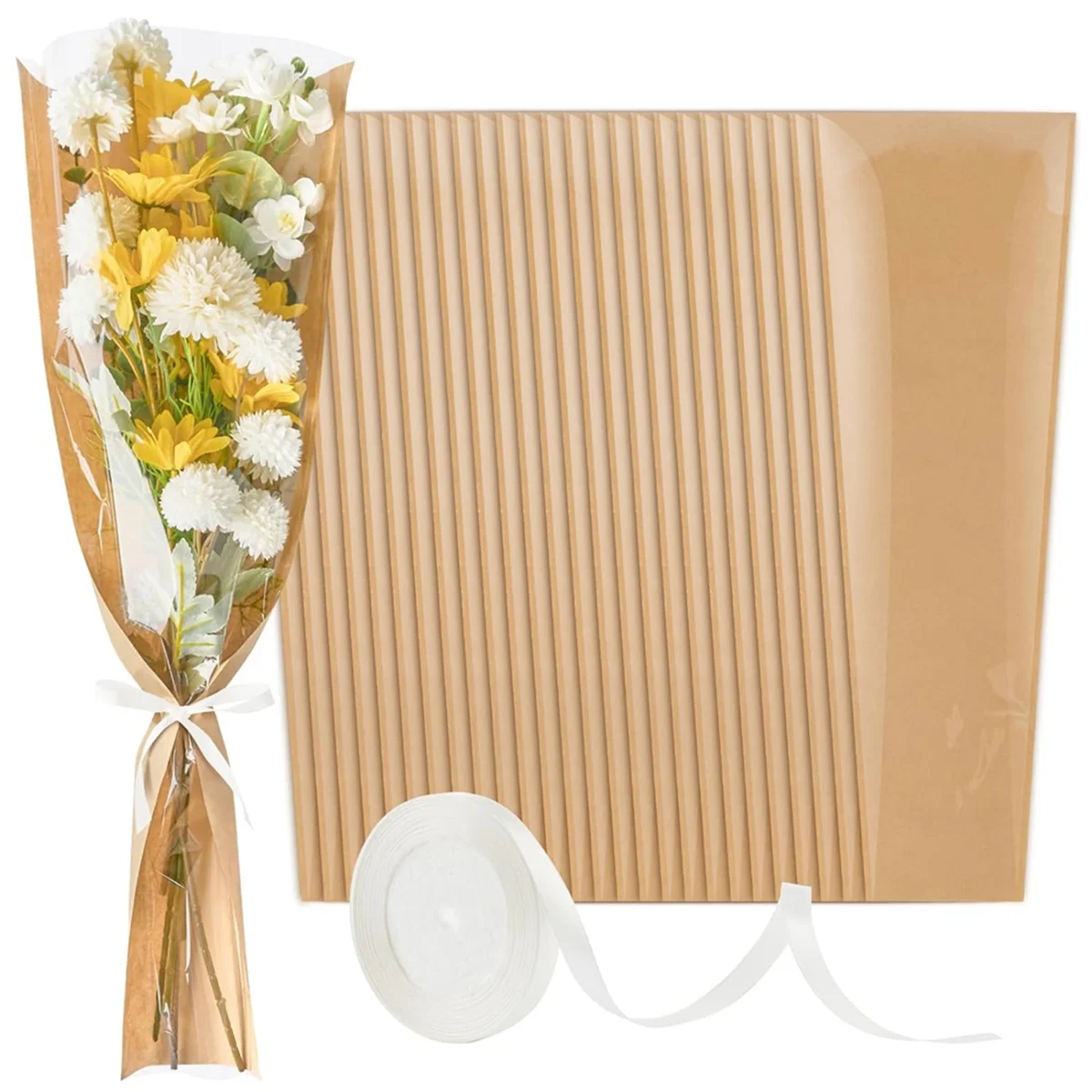 50 Pack Flower Sleeves for Bouquets,Flower Wrapping Paper KAU30t Floral Wrap Bag with Ribbons for Florist Wedding