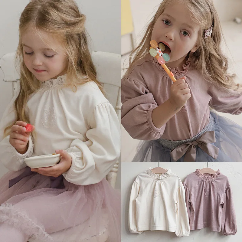 

Children Girls T-shirt New Winter Lace Collar Thicken Warm Kids Baby Girls Shirt Versatile Puff Sleeve Toddler Girls Undershirt