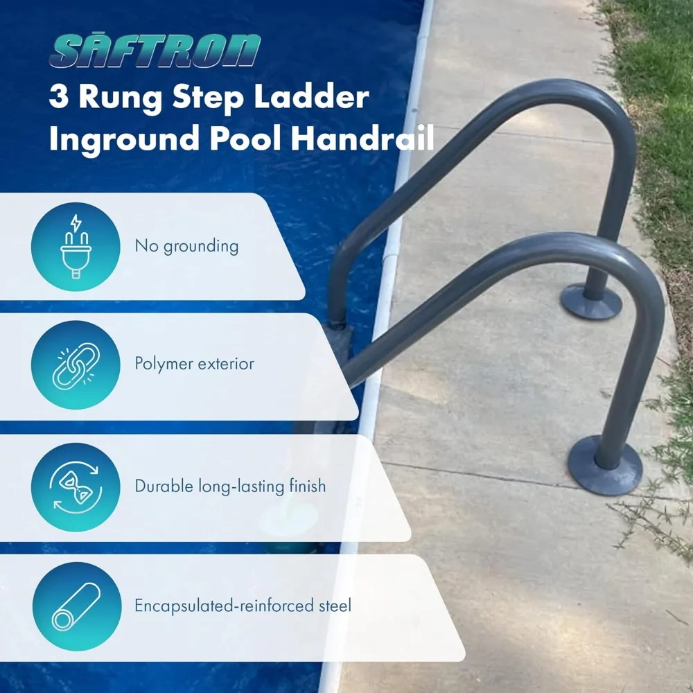 Corrimano per piscina in metallo con scala a 3 gradini con rivestimento in polimero per piscina interrata d'acqua dolce e salata, grigio grafite