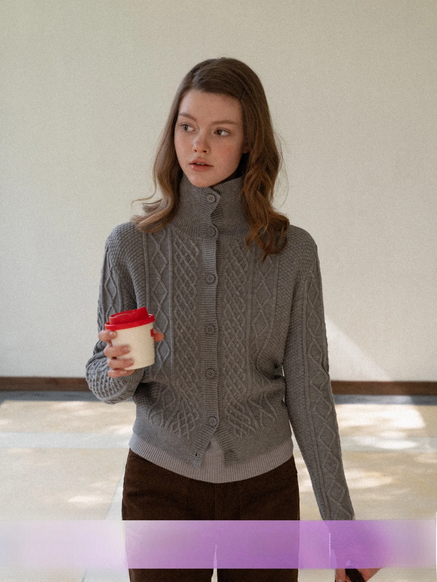 

High Collar Open Cardigan Knitted Sweater Women's Short Slimming Commute Jacket Soft Casual Style Long Sleeve Winter Coat