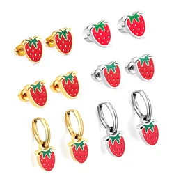 LUXUSTEEL Cute Strawberry Stud Earrings for Women Girls Stainless Steel Tiny Fruit Brinco Korean Ear Clips BFF Jewelry Kids Gift
