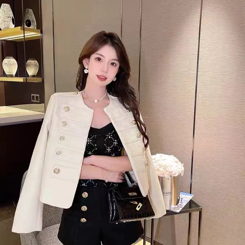 2023 Korean Fashio New Small Fragrance Autumn Coat Women Luxury High Quality Vintage Double Breasted O-neck Short Tweed Jacket n