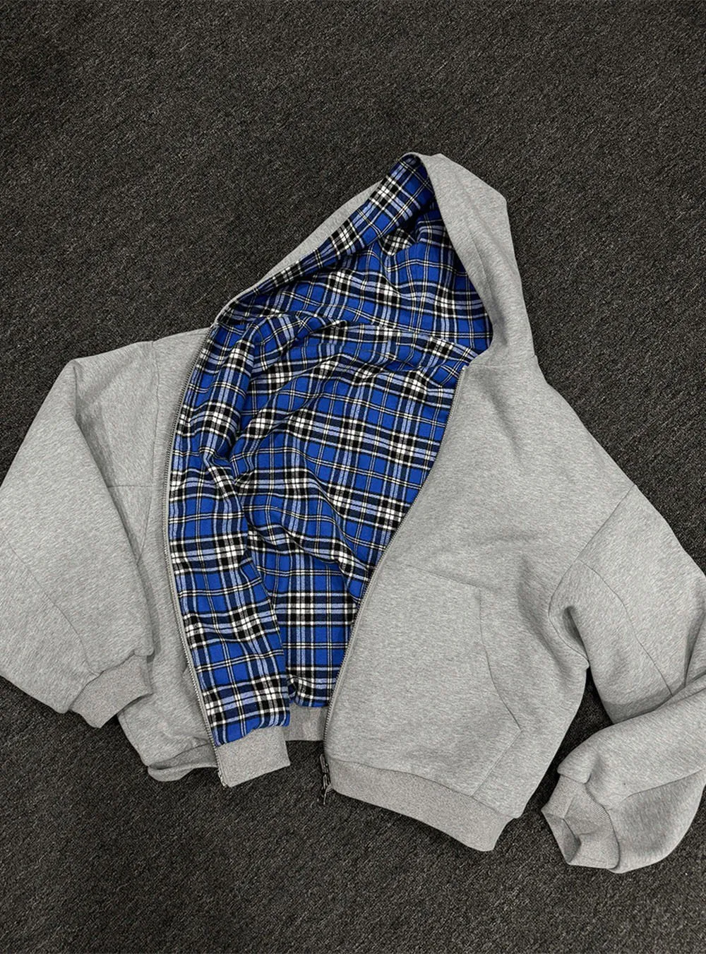 Casual and fashionable Y2K street zipper hooded jacket, gray men's and women's blue checkered lining sportswear, autumn top