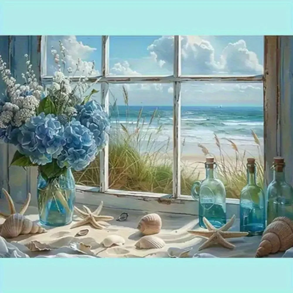 CIFBUY Ocean View Window Hydrangea Seashell Metal Sign Coastal Beach House Decor 2D Flat Printing Aluminum Plaque Gift