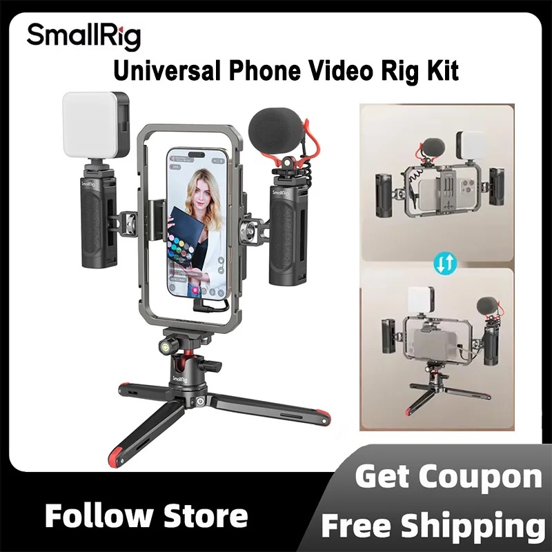SmallRig Universal Phone Video Rig Kit for iPhone,Smartphone with Tripod Mic LED Light Side Handle Power Bank Holderm -3384C