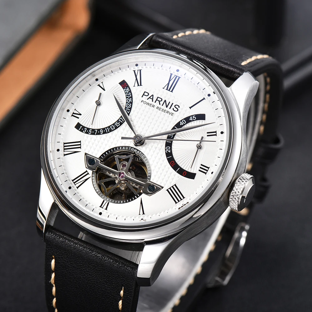 

New Arrival Parnis 43mm White Dial Power Reserve ST 2505 Automatic Men Watches Leather Strap Top Luxury Brand With Box Gift 2024