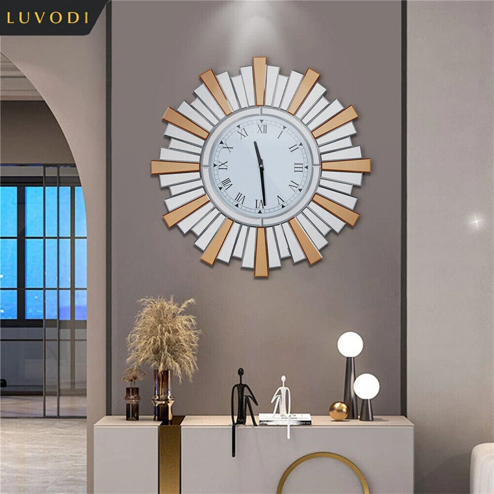 LUVODI Round Art Wall Clock Retro Sunburst Art Mirror Roman Numeral Clock for Living Room,Bedroom,Office, Study room