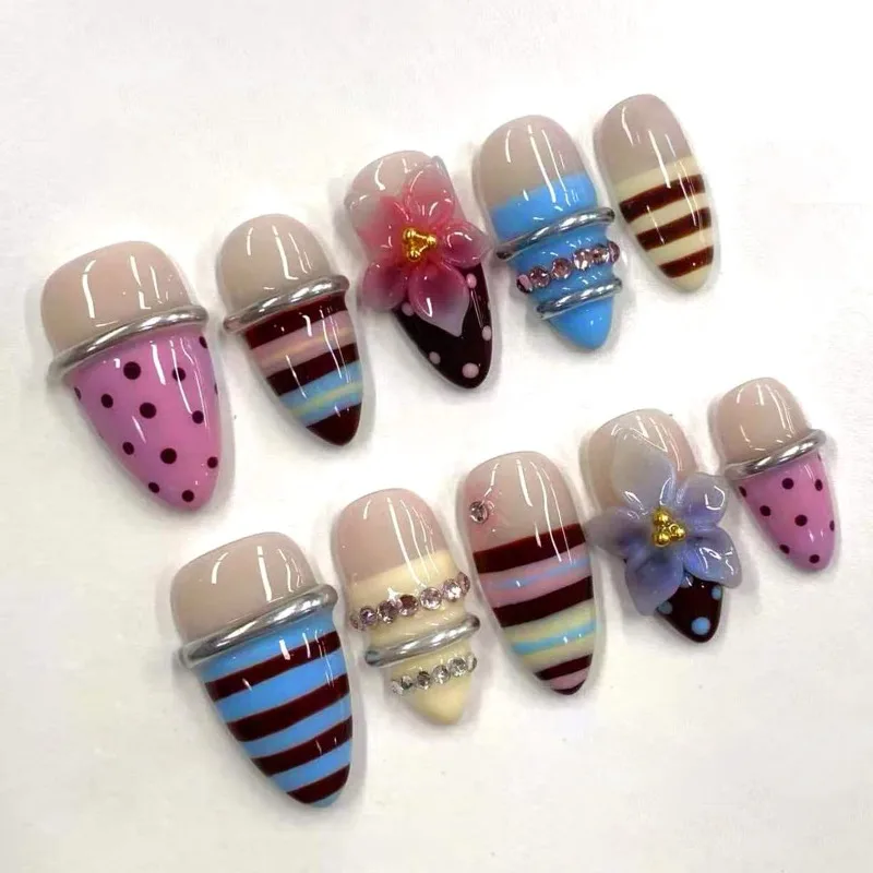 24pcs 3D Flower Fake Nails Set Multi-colored Stripes Nails Press on For Women Fake Nails with Design Cheap Ready-to-attach Nail