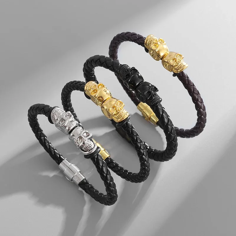 Pulsera de cuero con cierre magnético para hombre, brazalete clásico de cuero fino negro con Calavera, regalo