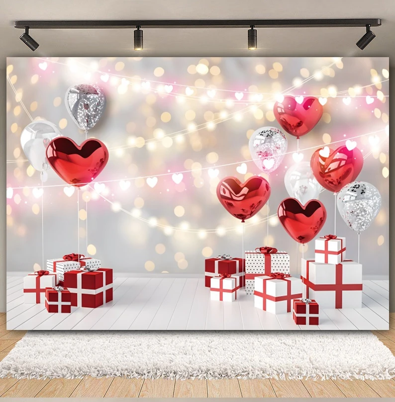 Valentine\'s Day Backdrop Glitter Light Bokeh Red Love Heart Flower Wedding Party Couple Portrait Photography Background Decor