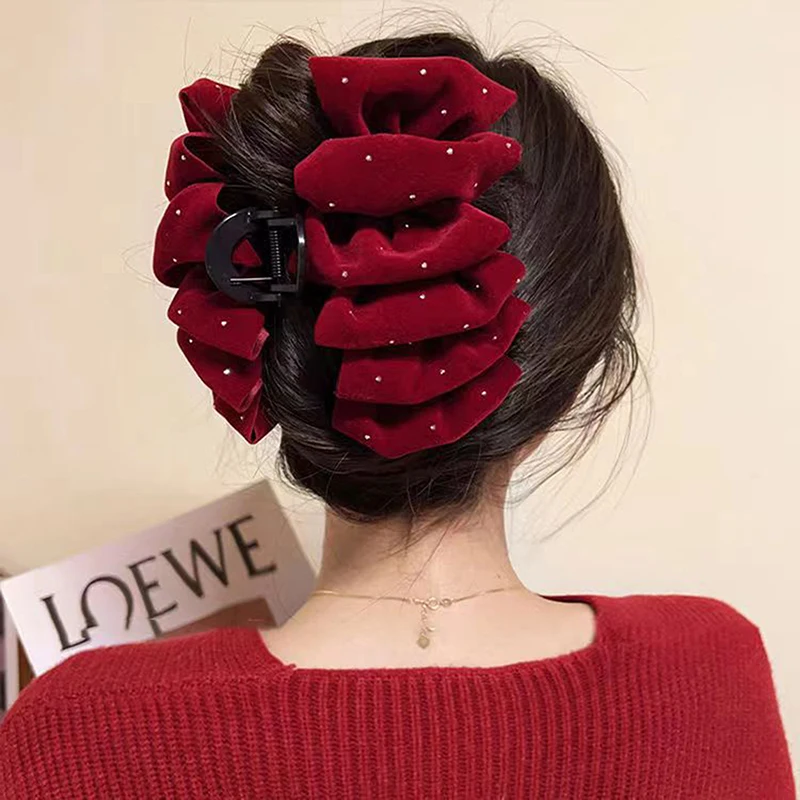 1pc Black Red Velvet Bow Hairpin For Women Princess Head Grab Hair Claws Headdress Large Hair Clips Girl\'s Hair Accessories