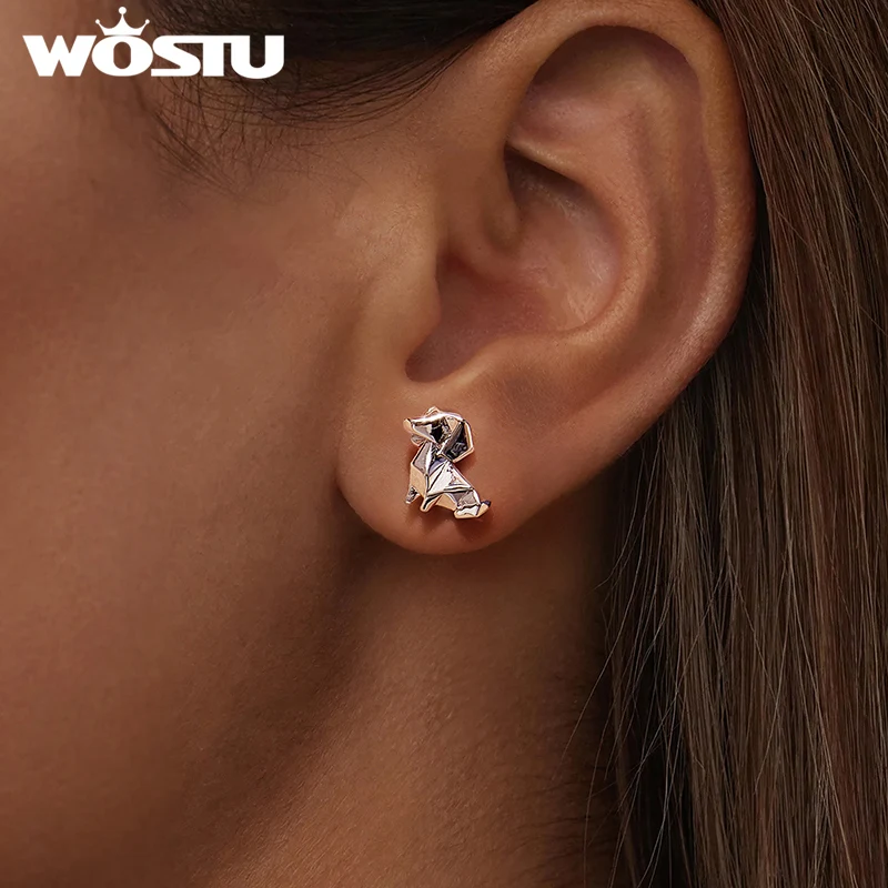 WOSTU Origami Dog Stud Earrings For Women Pet lover, Platinum Plated Pet Ear Studs s925 silver backs Hypoallergenic Jewelry Gift