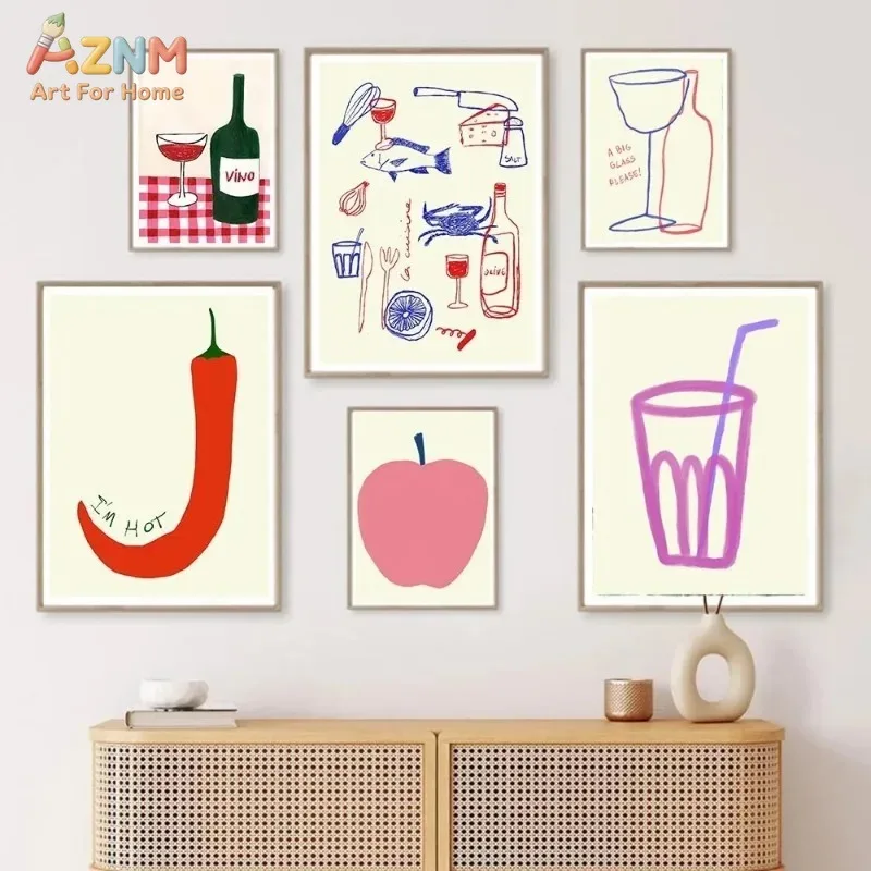 AZNM Minimalist Fun Hand Drawn Food Chili Apple Wine Canvas Wall Art, Cute Colorful Kitchen Aesthetic Unframed Print For Dining