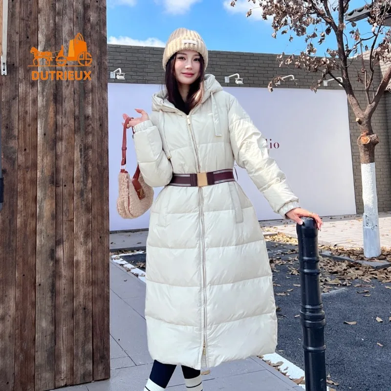 New Winter Coat , Simple and Elegant Hooded Long Waisted Grey Goose Down Jacket for Women , Warm and Windproof Jacket for Party