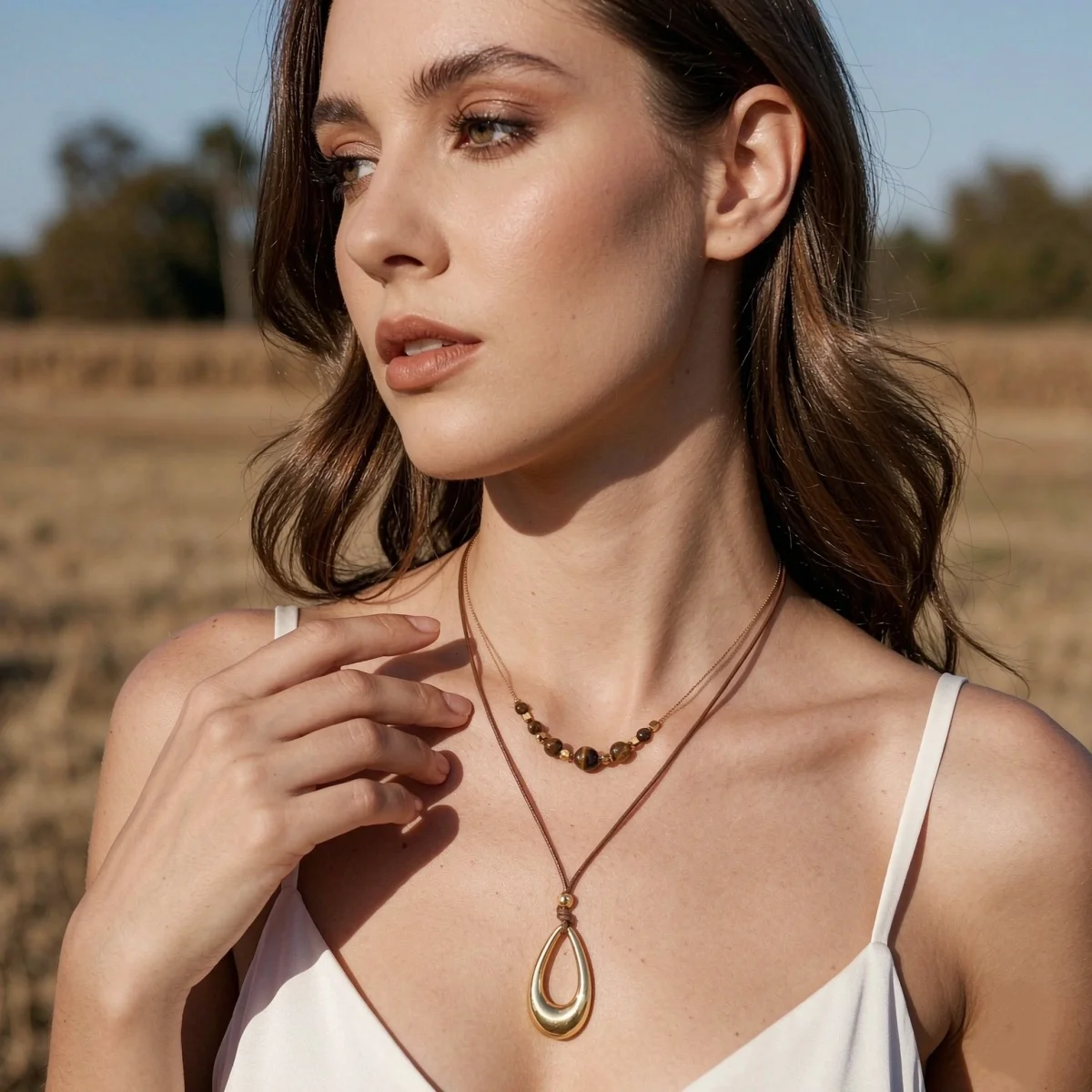 Vintage Einfache Tigerauge-Stein Wassertropfen-Anhänger Halskette für Frauen Männer Hohle Geometrische Tropfenform Lederseil Choker Schmuck – Detail 5