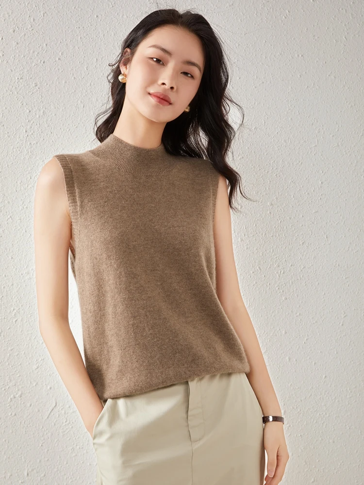 CHICUU Women Summer Vest Cashmere Sweater Mock Neck Basic Sleeveless Pullover Waistcoat 100% Cashmere Knitwear Clothing Tops