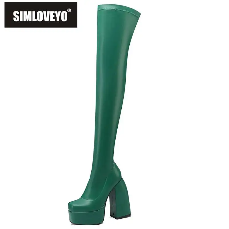 

SIMLOVEYO Women Over Knee High Boots Square Toe 14cm Block Heels 4cm Platform Zipper Big Size 34-43 Solid Black Green Sexy S3974