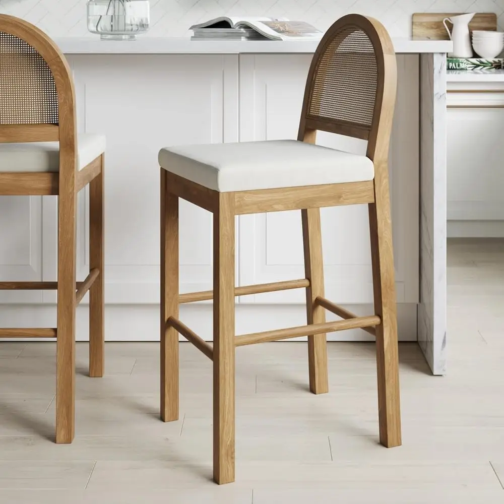 

29 дюймов Барный стул Boucle с спинкой, стул для бара с натуральной плетеной спинкой из ротанга и ножками из массива дерева, светло-коричневый