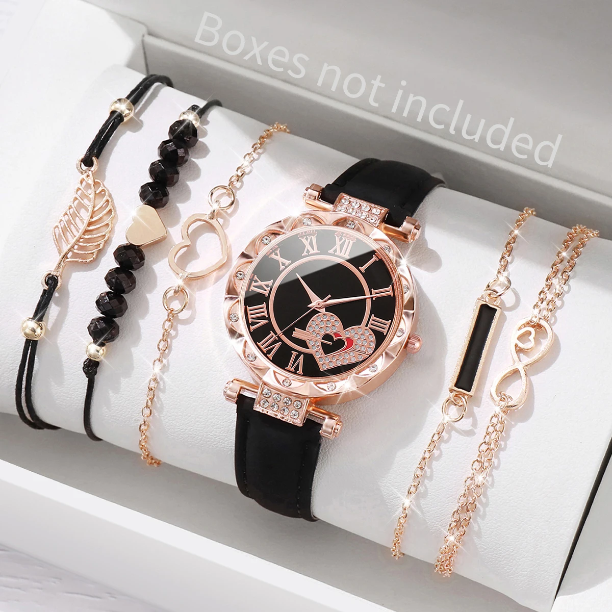 Montre à quartz en forme de cœur avec bracelet en cuir pour femme, ensemble de 2 pièces