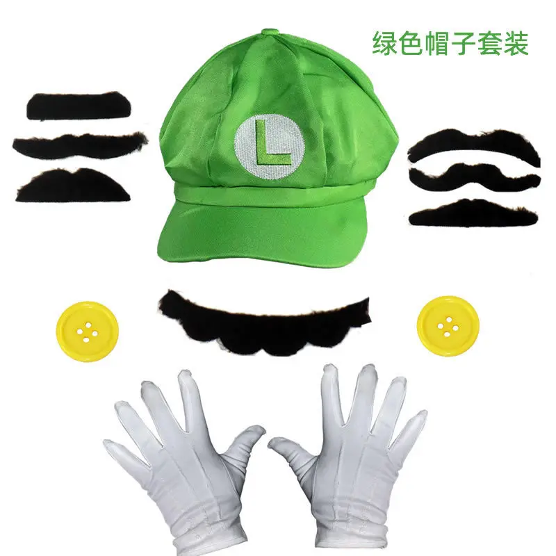 Super Mario Role-playing Costume Anime Mario Brothers Luigi Children's Octagonal Hat, Gloves, Beard and Strap Set Adult Gift