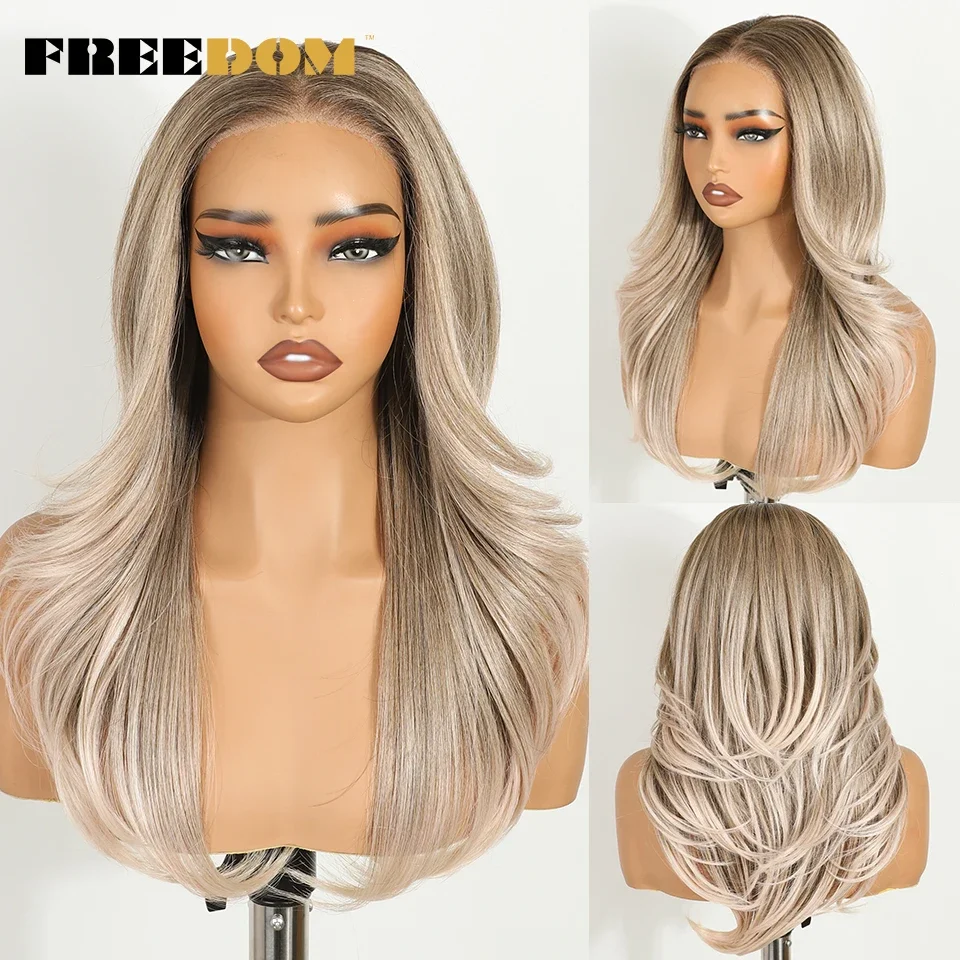 FREEDOM Synthetische Lace-Front-Perücken für Damen, 20 Zoll, 6x4, vorgezupfte, Ombré-Blond, gewellte, gestufte Perücke, einfach aufzusetzen, klebefreie Lace-Perücken. – Detail 3