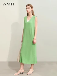 Amii Minimalism Knit Dresses for Women 2024 Summer New Long Green Dress Sleeveless V-neck Linen Lady Loose Vestidos 12452080