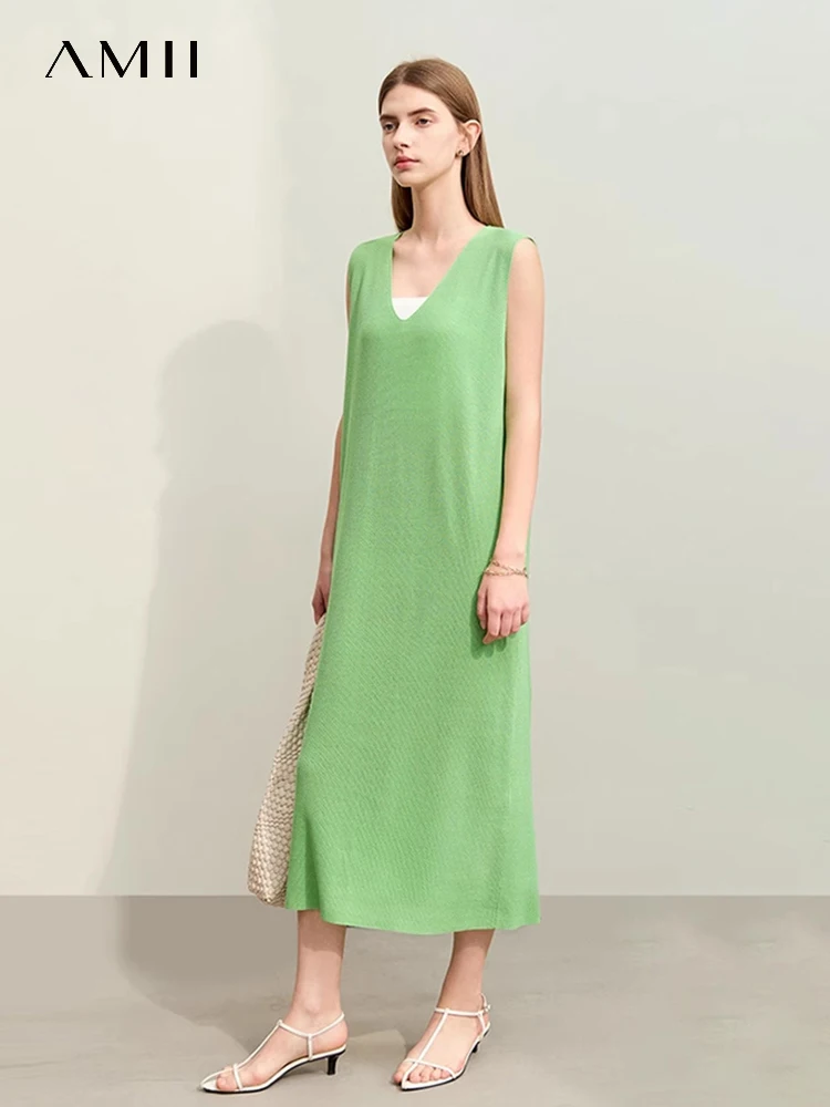 Amii Minimalism Knit Dresses for Women 2024 Summer New Long Green Dress Sleeveless V-neck Linen Lady Loose Vestidos 12452080