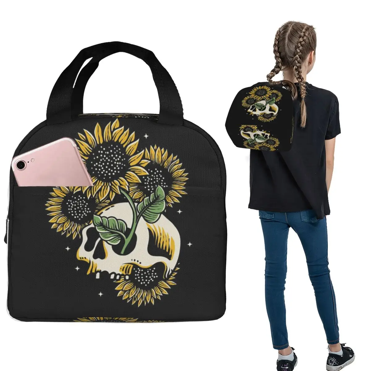 

Sunflower Sugar Skull Insulated Lunch Bag for Women Kids Portable Food Boxes Thermal Lunch Box Tote