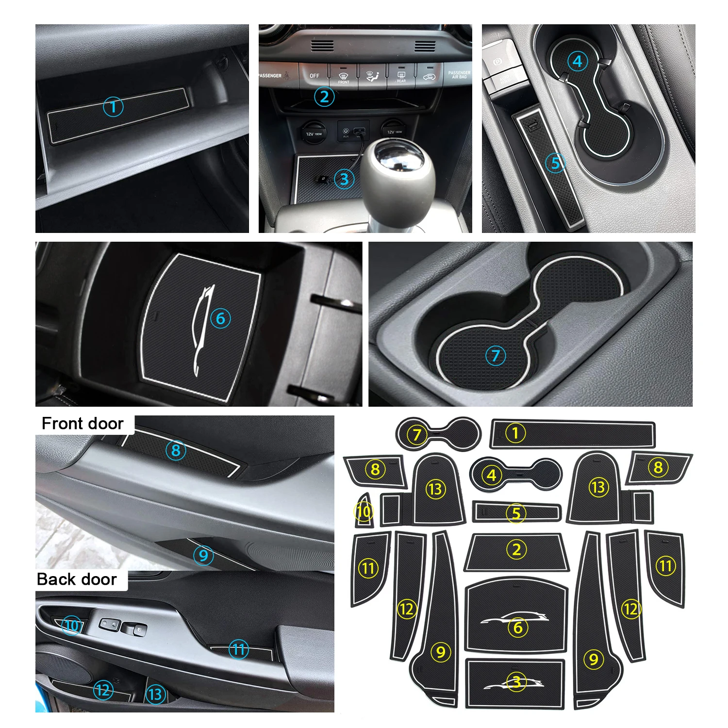 LFOTPP Door Groove Mat for Kona 2022 Automatic Transmission Anti-slip Gate Slot Pads Auto Interior Kona Accessories 2022 18 Pcs