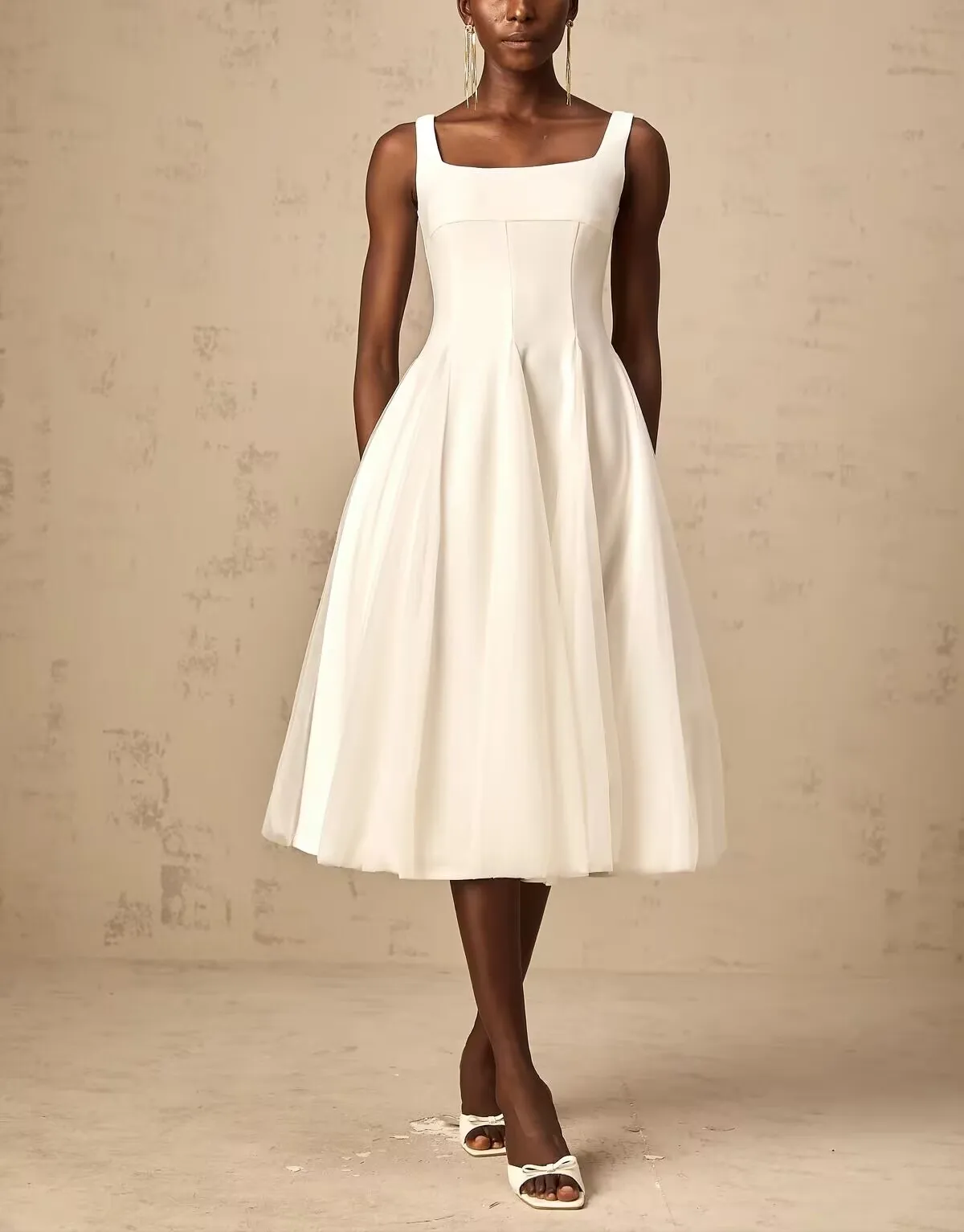Customized Square Collar Knee Length A-line White Long Dresses Woman Formal Evening Gowns مصممات سعوديات سهره Sharon Said Dress