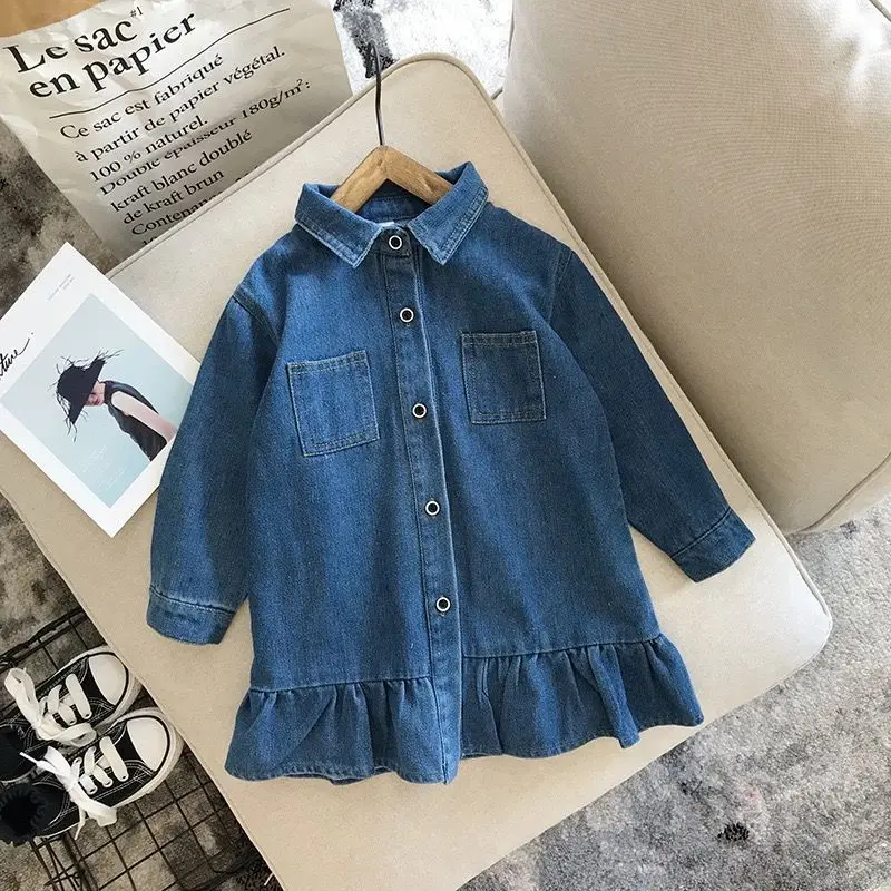 

2025 Spring New Children Long Sleeve Denim Dress Baby Girls Ruffled Dress Single Breasted Girls Casual Dress Kids Clothes