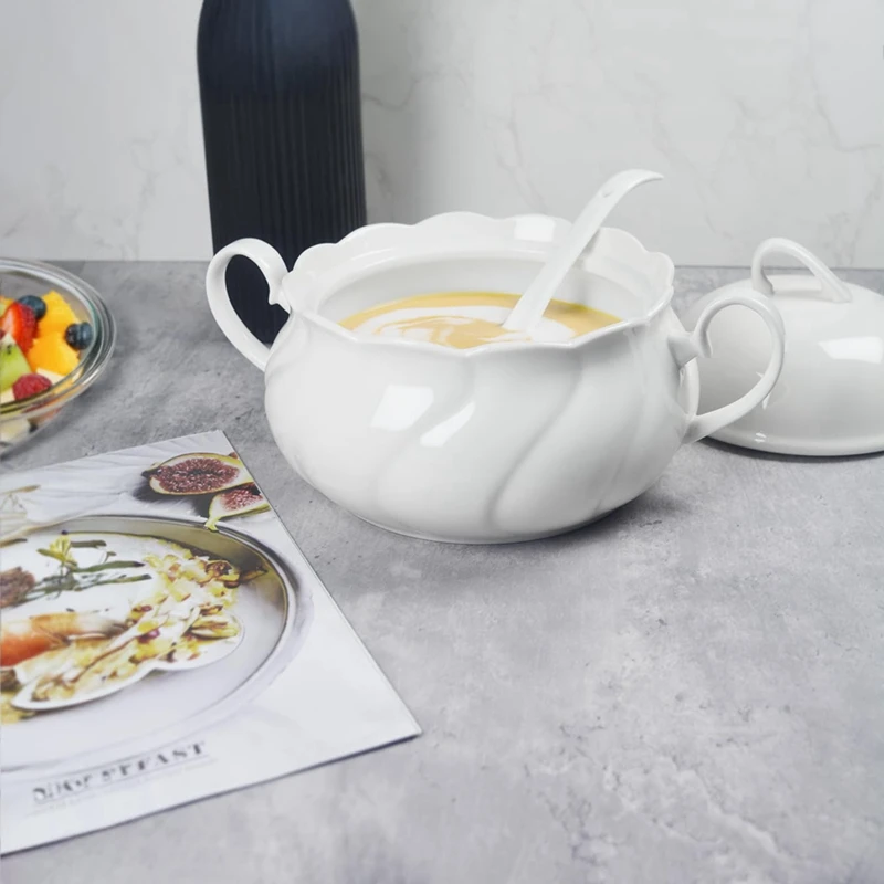 Ceramic Serving Soup Tureen Bowls with Lid Serving Tureen, Lovely Soup Pot, Microwave Dishwasher Safe-AD23