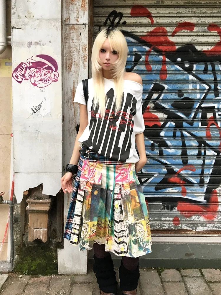 

Юбка миди с низкой талией, граффити-принтом и синим клетчатым узором, модная юбка средней длины с пуговицами и разрезом