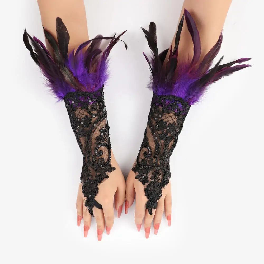 Guantes de dedo con gancho de plumas para Halloween, bola de fiesta, pulsera de encaje negro, accesorios de manga, guantes de protección solar para conducir y ciclismo