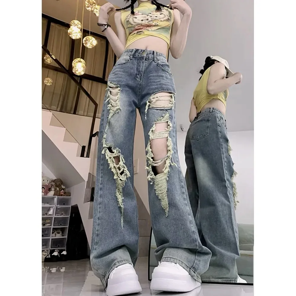 

Plus Size American Streetwear Wide Leg Ripped Denim Jeans Women's 2026 Summer High Waist Straight Loose Floor-length Trousers