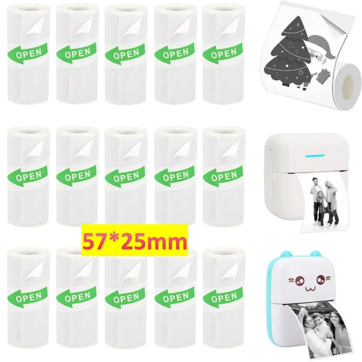 15 Rolls 57x25mm Thermal Sticker Mini Printer Paper Includ Paper Rolls Colored White Plain Paper Rolls for Mini Thermal Printer