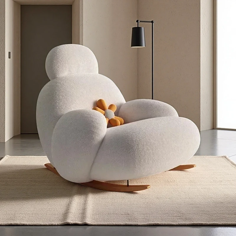 Mecedora de terciopelo cremoso para dormitorio nórdico, sala de estar, balcón, silla de ocio giratoria para una sola persona, oso blanco grande
