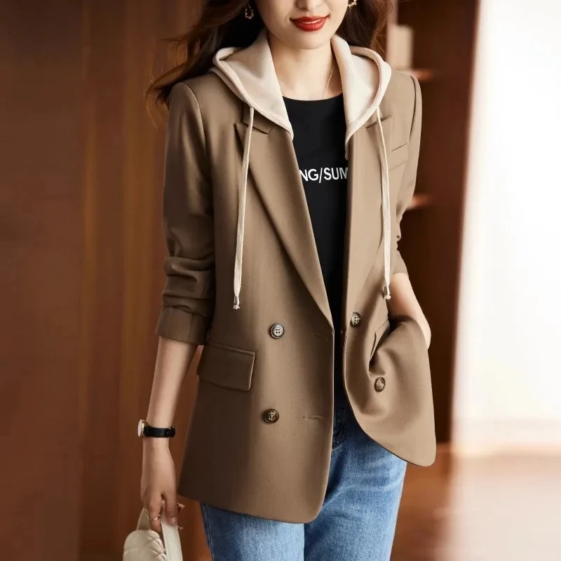 Hooded Suit Women Spring And Autumn 2024 New High-grade Casual British Style Spring And Autumn Coffee Color Fashion Suit Jacket.